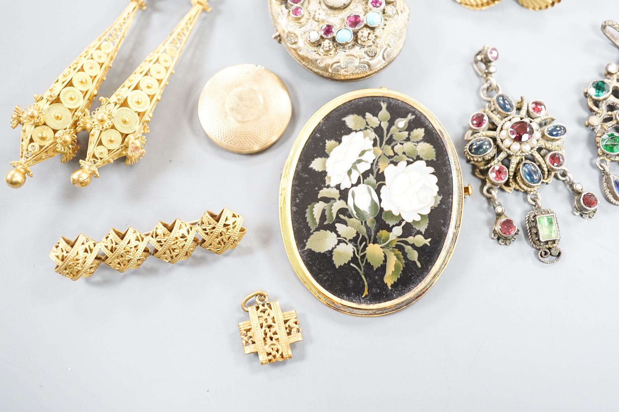 Mixed Victorian and later jewellery, including a pair of yellow metal cannettile work drop ear clips, overall 75mm, gross 12 grams (adapted), paste set locket and pendants, a William IV mourning pendant(a.f.),pair of yel